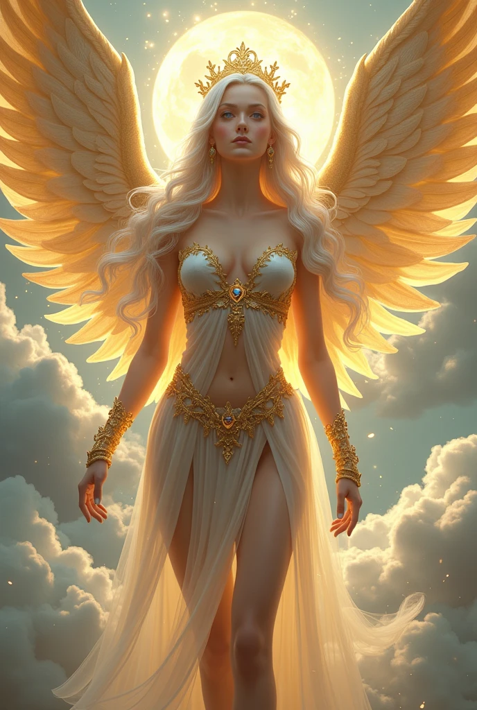 Create a celestial Goddess who exudes power and authority. She has a majestic presence and owns everything in a heavenly Kingdom above all others.. Its appearance is ethereal, with golden skin that glows softly, reflecting the heavenly light around it. Her long, wavy hair is silvery and flutters lightly as if moved by a divine breeze.. Your eyes are deep blue, almost mesmerizing, like the deepest and most mysterious ocean.
She is naked, her breasts are big and she is thin, her vagina is open, her ass is big, her body is wonderful, worthy of a goddess. Her wings are huge and majestic., with golden feathers that shine brightly, representing their high status. She also wears gold bracelets and anklets that emit a faint aura of power., and in your head, there is a delicate crown, but impressive, made of pure light and adorned with heavenly gems.
She is holding the Universe in her hand She is the embodiment of beauty and absolute power, with an aura that commands respect and admiration from all who approach it. (Fantasy Art Style)