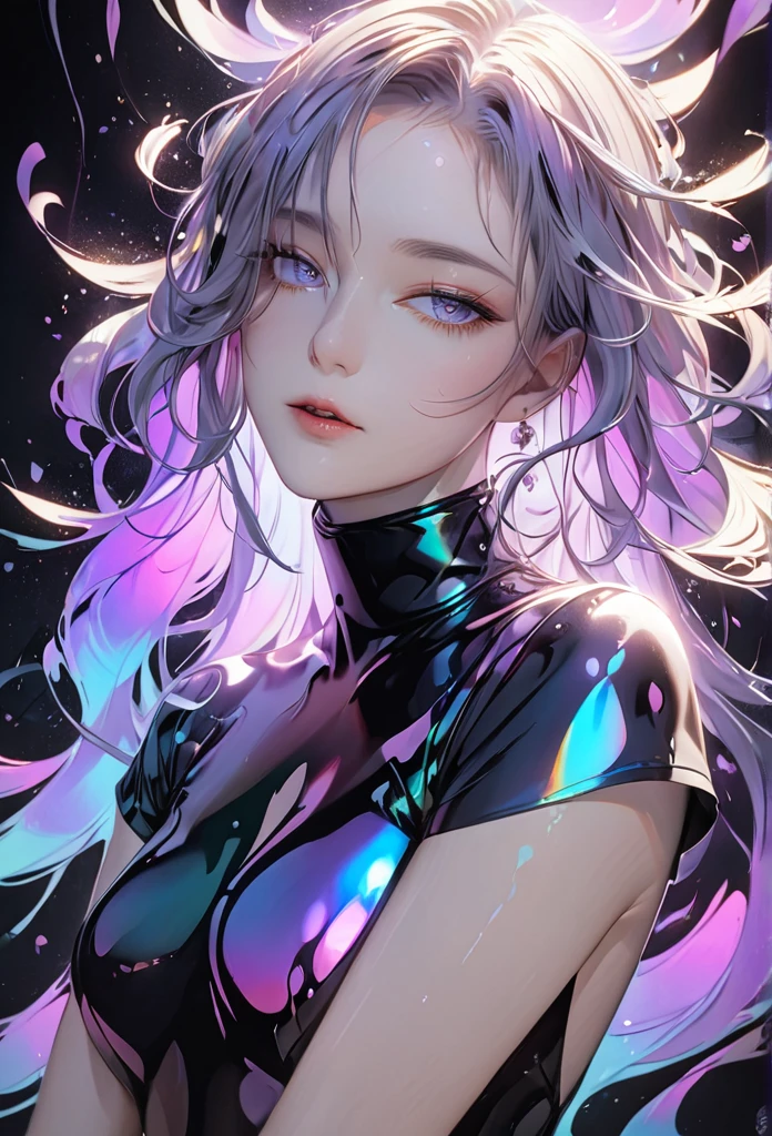 drawing, self-portrait, beautiful woman, messy hair, (attractive and seductive) and (amorous and lewd) expression, shading, shadows, contrast, conceptual installation art, (ultra detailed, absolutely resolution, best quality:1.3), 2.5D, delicate and dynamic effects, iridescent effects, artistic, hyper, graphic CG digital art