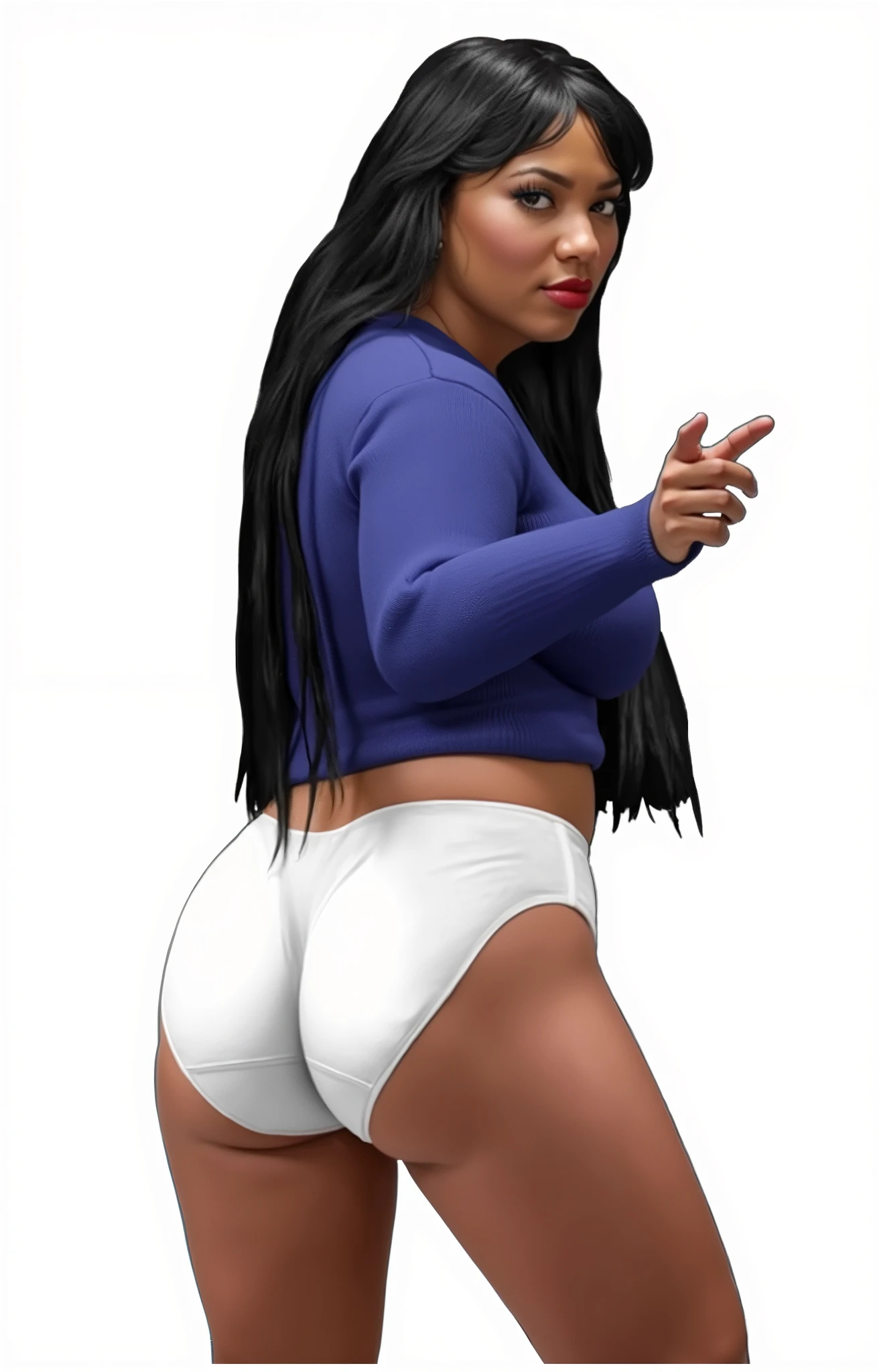 (masterpiece, best quality)), ((((perfect anatomy)))), Heavyset black woman with long black hair, dark eyeshadow, dark red lipstick, blue sweater, (((big white cotton panties))), big buttocks, (((realistic art style)))