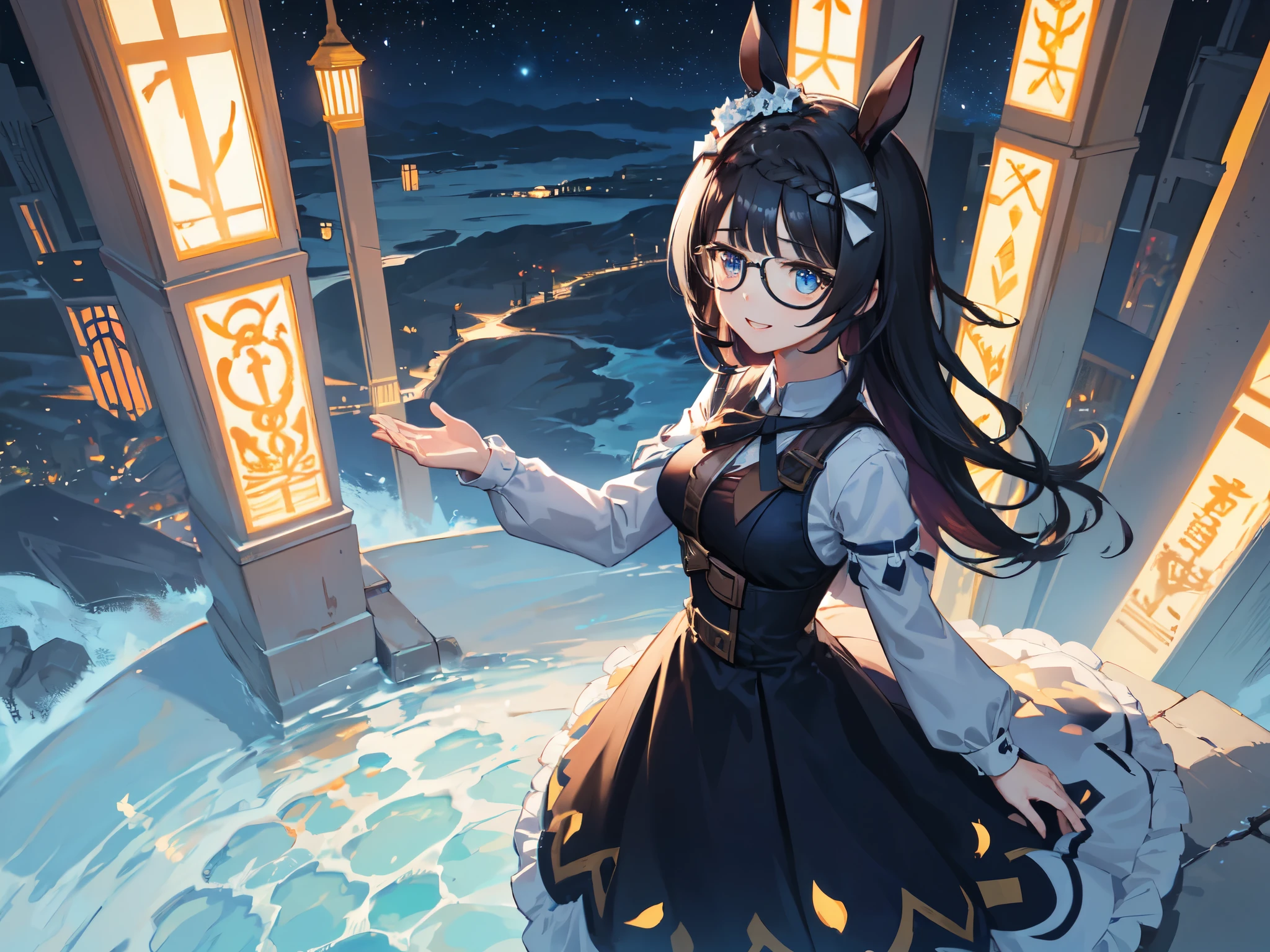 solo、Alone、１Alone。masterpiece, 超High resolution, Highest quality, High resolution, 8k、(noline:1.5)、(flat2-DIM1:1.5)、Shooting from above、Cowboy Shot。Woman with horse ears、Beauty、Wear black glasses。Big Breasts、Pale pink lips、smile。Blue Dress、Navy Blue Skirt、A large blue ribbon on the chest。The body is tilted diagonally to the side、Place your hand on your chest。breeze、Starry Sky、cliff。light up。