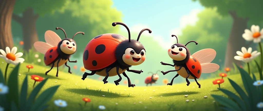 Ladybug,Squeaky and his friends, so happy and free.  
Jump and run, let's have some fun,  .image should be in cartoon theme.