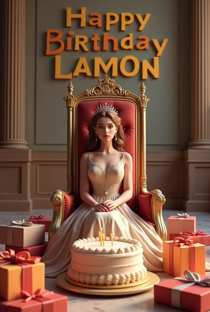 create realistic illusion image of A 20 Year old queen is sitting on a king chair and she is cutting the birthday cake there are many gifts kept next to it and Happy Birthday Lamon,3d text is written on the back wall