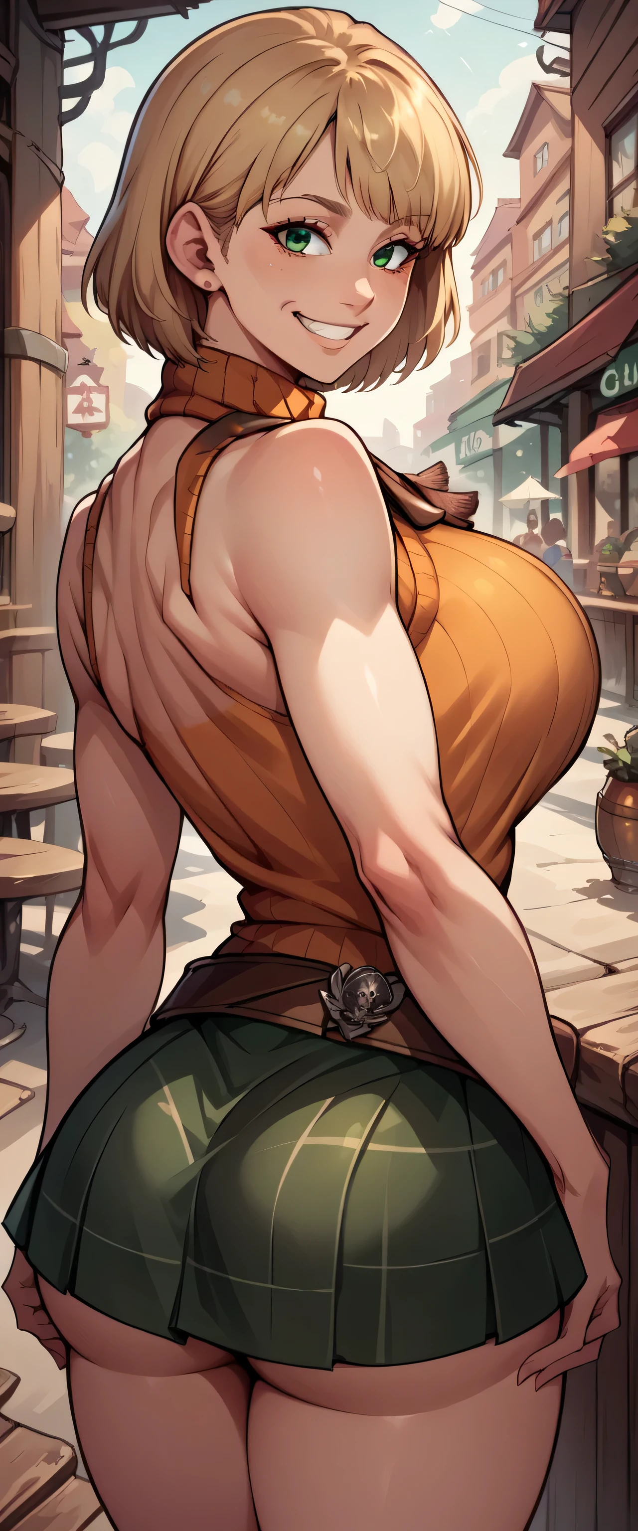 source_anime, best quality, clear face, ashley graham from resident evil, blonde hair, green eyes, short hair, large breasts, perfect body, looking at viewer, smile, sexy The resident evil clothes, Green mini skirt with squares and belt cafe, Orange sleeveless sweater, in the city club, standing, from behind position, big ass