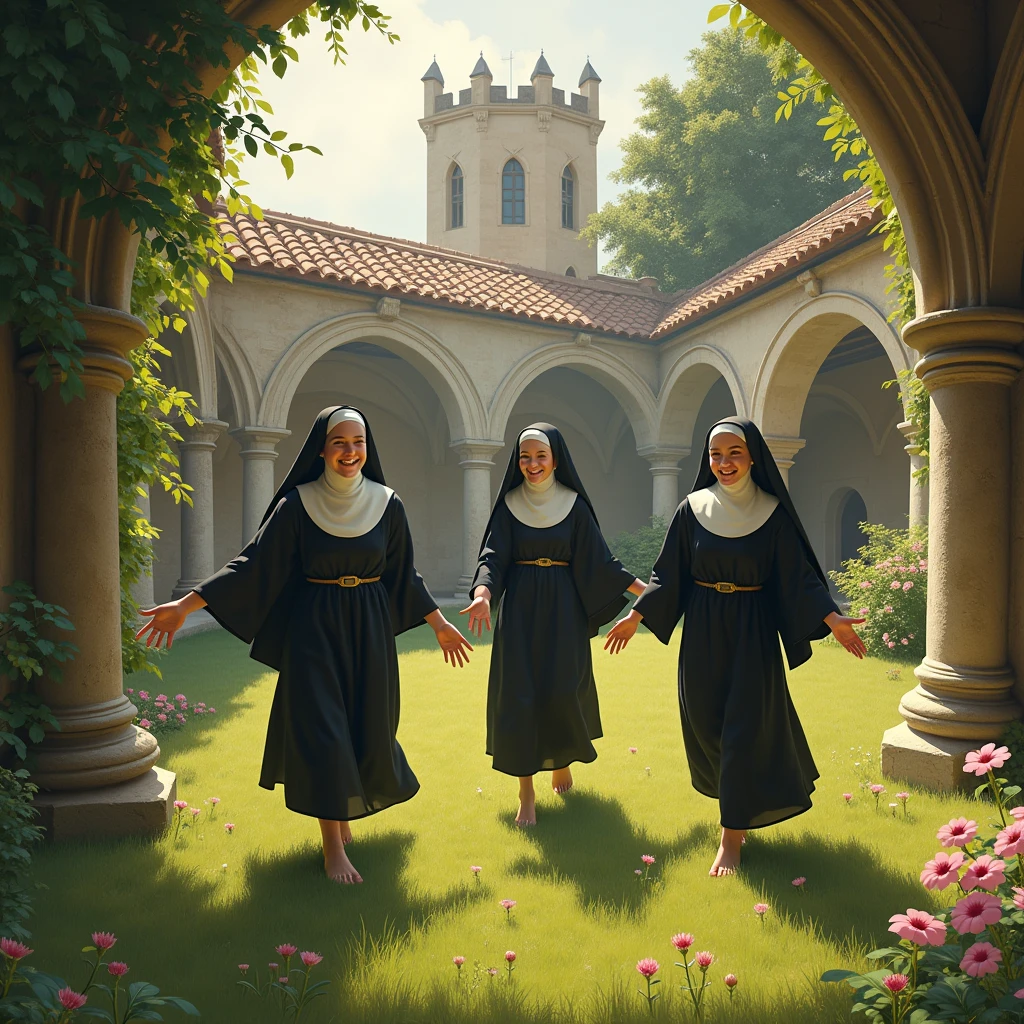 A group of three beautiful French novice teenager nuns playing joyfully in a beautiful medieval cloister, flowers, grass, trees,  Cistercian abbey in Provence in the background, France, Medieval times, early morning light