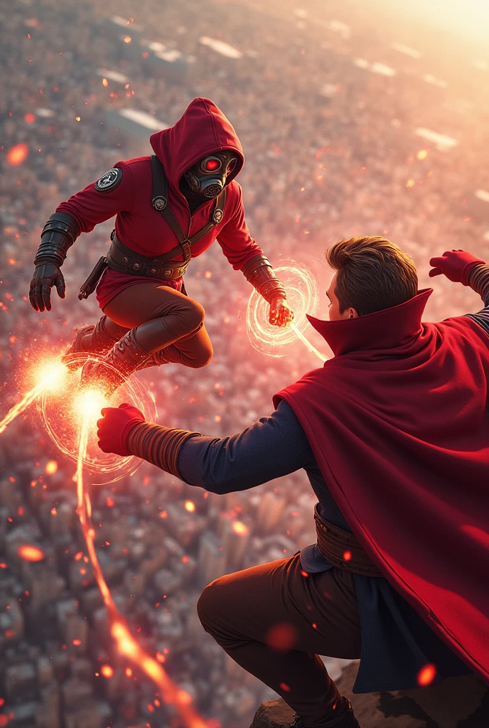Young Star-lord with red hoodie, headphones, star-lord helmet, gas helmet, covered mouth, round red eyes, Red eyes, magic rings in the hands and rocket boots, Vs. Doctor strange , Fighting, power, fiction, full body, 2 person, magic lasso, hight, fall, fire in boots, poweful spells, fighting, realistic, helmet, mask, red cape, confrontation, punch, gun, flying in the sky, red magic portal, view of the city from above