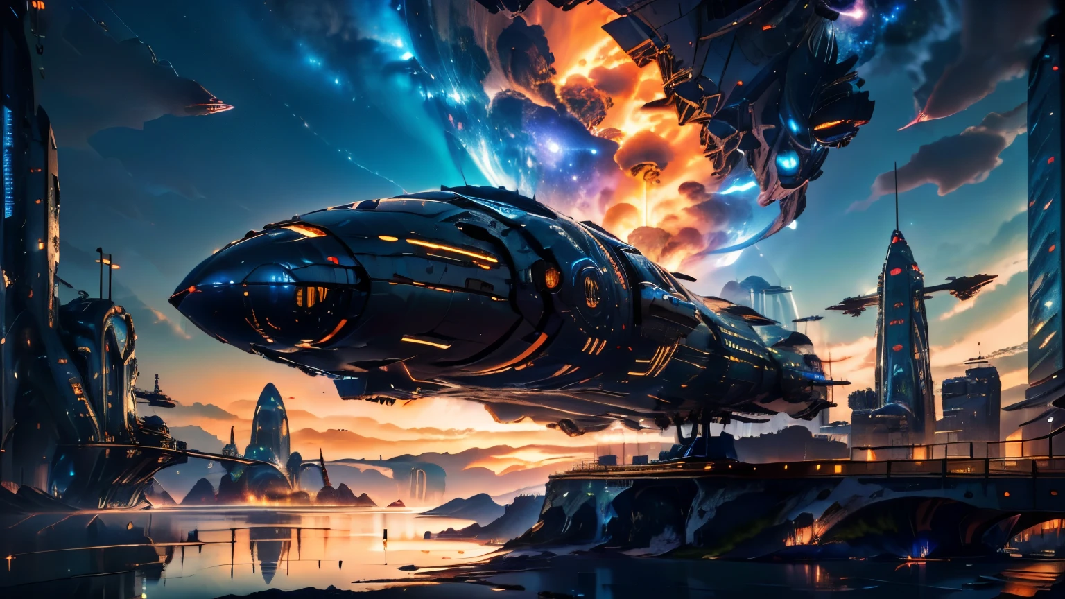 Super spaceship shaped like a ship hovering over a large lake, ultra detalhada, city in the distance, a nebula lighting up the sky, sci-fi, 