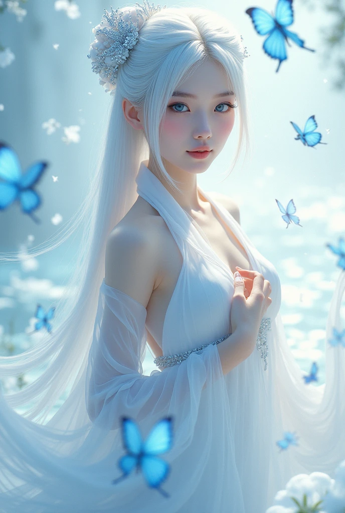 1 girl, Transparent water, Blue Butterfly, Pure white gauze skirt, A sparkling girl,China costume,whole body,Sunlight,Clear face,Clean white background,masterpiece,Super Detail,Epic composition,Extremely detailed,Official Art,8k wallpaper,Super Detail,32K,Long hair,White hair,Large petals,breeze,chiffon,Blue Eyes,Gorgeous hair accessories,Kapok,high resolution, bust,moonlight,chiffon,Gorgeous clothes,masterpiece,Epic Works,Clean background,Flowing sleeves,bust,front,Full breasts