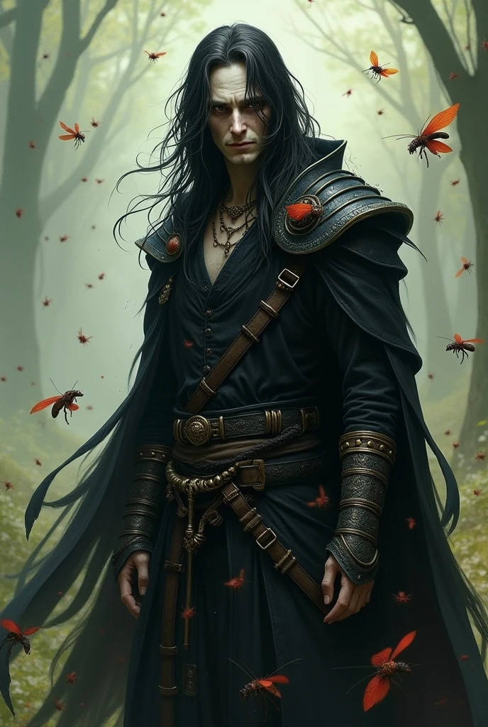 Crie um Guardião do Enxame do d&d. The character is a human male with a slender body, with a psychotic and frightening expression. He is surrounded by little insects, reflecting your connection to nature. Your skin is white, and he has long black hair, that cover part of your face, giving it a mysterious air. He wears black clothes, complemented by a long overcoat, all in a fantasy medieval style, with bright colors that contrast with its dark presence.
