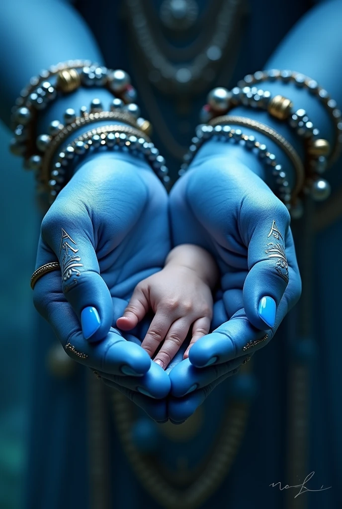 Photo of two hands. Shiva's blue hands holding a small kid's hand