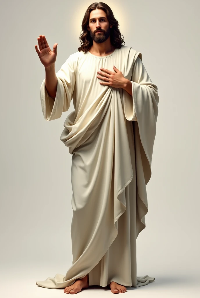 Full-length portrait of Jesus Christ standing, barefoot, face of Jesus from the front, beautiful and serene impressive realistic, Jesus of Nazareth, White tunic, right hand raised in a blessing position and the left on his ?????