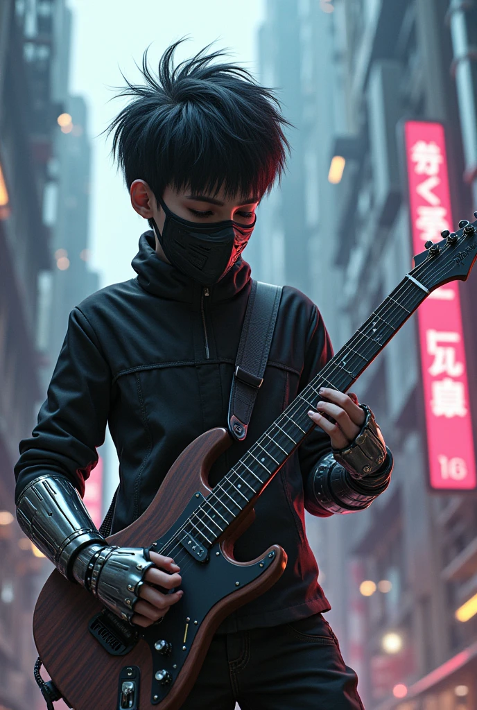 A young man, 16yo, he is wearing a high-tech mask, his right hand is a cyborg arm. He is playing guitar, plays the guitar, Improvise music, Playing guitar solo, The background of the city is cyberpunk, Detailed, eye shadow, 8k resolution, Realism,