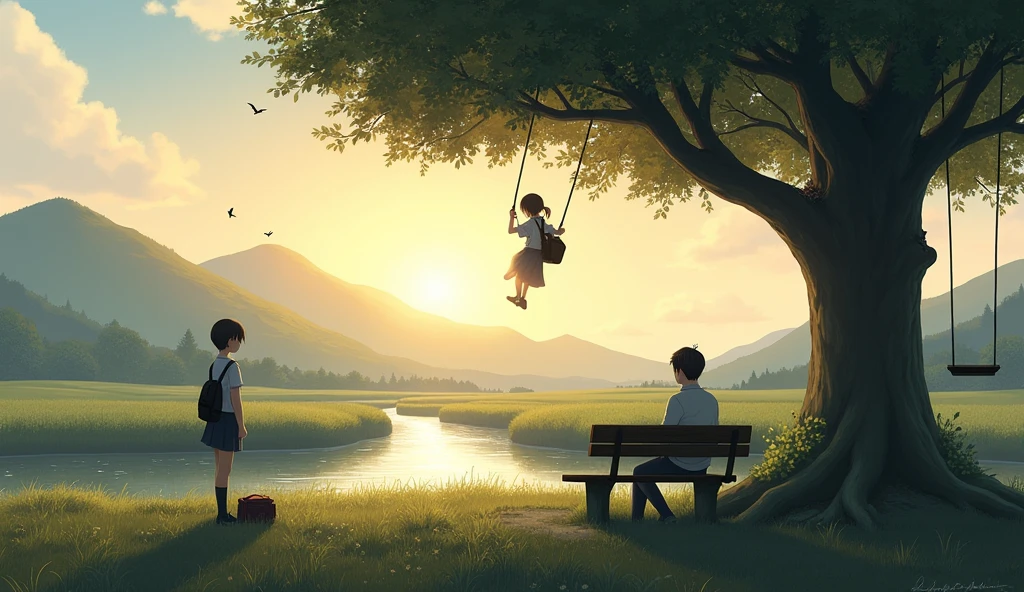A Tree which is at bottom right,with bushy leaves and below the tree at the left there is a school bag placed on the ground and to the right of the tree, a swing is attached to the brach of the tree and a school girl is swinging in it turning backside. To the left of school bag and to the left the tree ,there is a seater bench and one man is seated on that bench looking at the sunset at the background through 3 hills turning backside like the girl is facing. To the left side of the man and bench there is a stream that is flowing from the hills and there are 2 birds flying at the top of 2nd hill