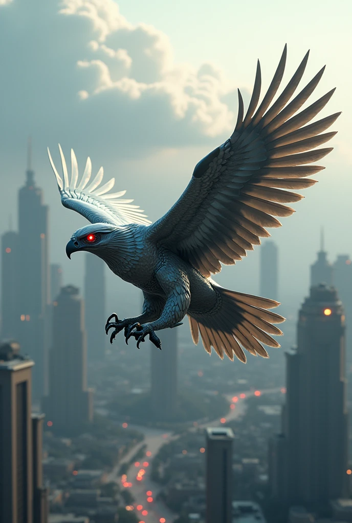 Eagle-Drone Hybrid: "Imagine a majestic eagle with wings made of high-tech drone propellers. Its feathers are sleek, metallic blades that hum softly as they cut through the air. The eagle's sharp eyes are replaced with glowing, red camera lenses, scanning the landscape below with precision. It soars above a futuristic cityscape, its talons equipped with small missile launchers, ready to strike. The sky is filled with other hybrid creatures, but this eagle-drone is the apex predator, dominating the skies with both its natural grace and technological enhancements.