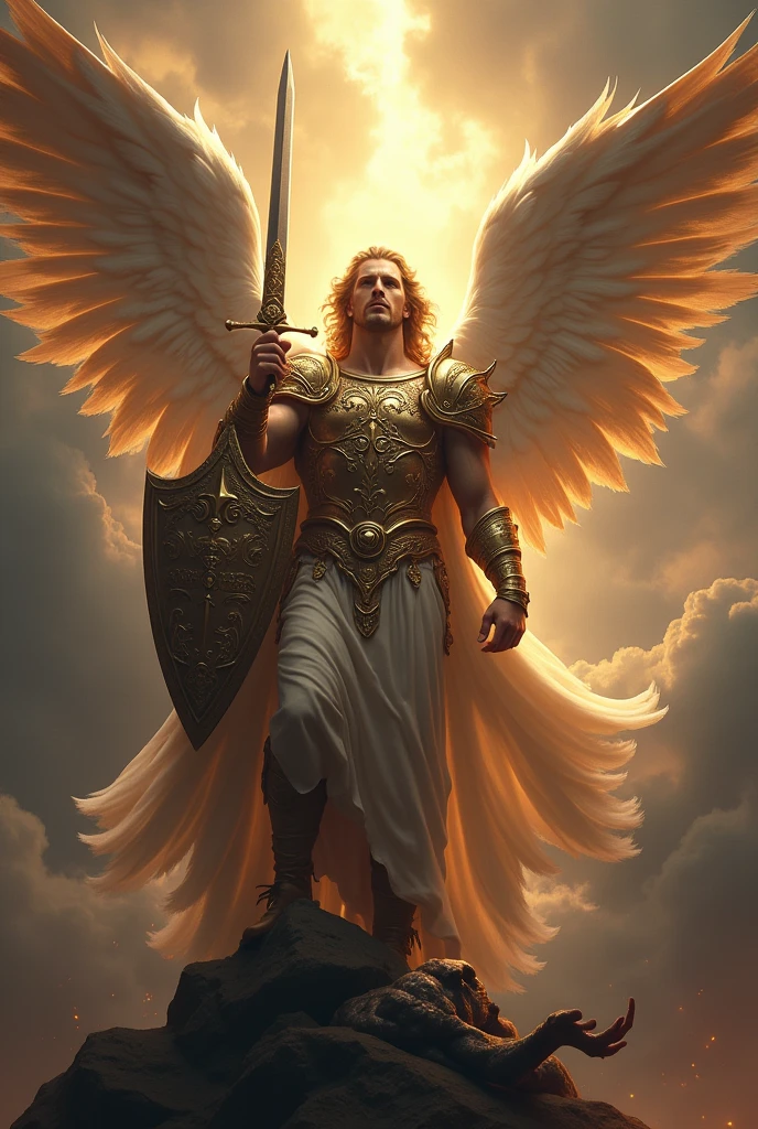 Saint Michael the Archangel is depicted in photorealistic style as an imposing celestial warrior, with a brave and determined expression. He has bright eyes and golden wavy hair., reflecting the divine light. He wears detailed, gleaming armor., with gold and silver ornaments, and has large, open, majestic wings that emanate an aura of power and protection. In your right hand, he holds a raised flaming sword, pronta para o combate, while the left hand carries a shield decorated with the inscription "Who is like God??" (who is like GOD?). The backdrop is a dramatic stormy sky., with dark clouds and rays of divine light breaking through the shadows, symbolizing the heavenly battle between good and evil. On your feet, a defeated demon is shown fallen and subdued, symbolizing Saint Michael&#39;s victory over the forces of darkness. The image is rich in details, with celestial lighting that highlights her figure and creates a powerful contrast with the dark surroundings.