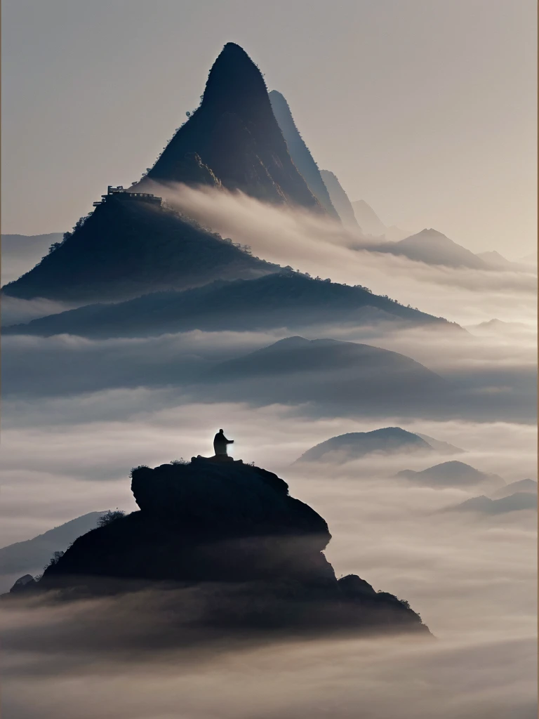 Chinese ink painting mountain、A thick fog hangs over the place.、A small silhouette of a stone Jesus floating in the mis, Fantastic WorlHigh Resolution, Looking at viewer,
