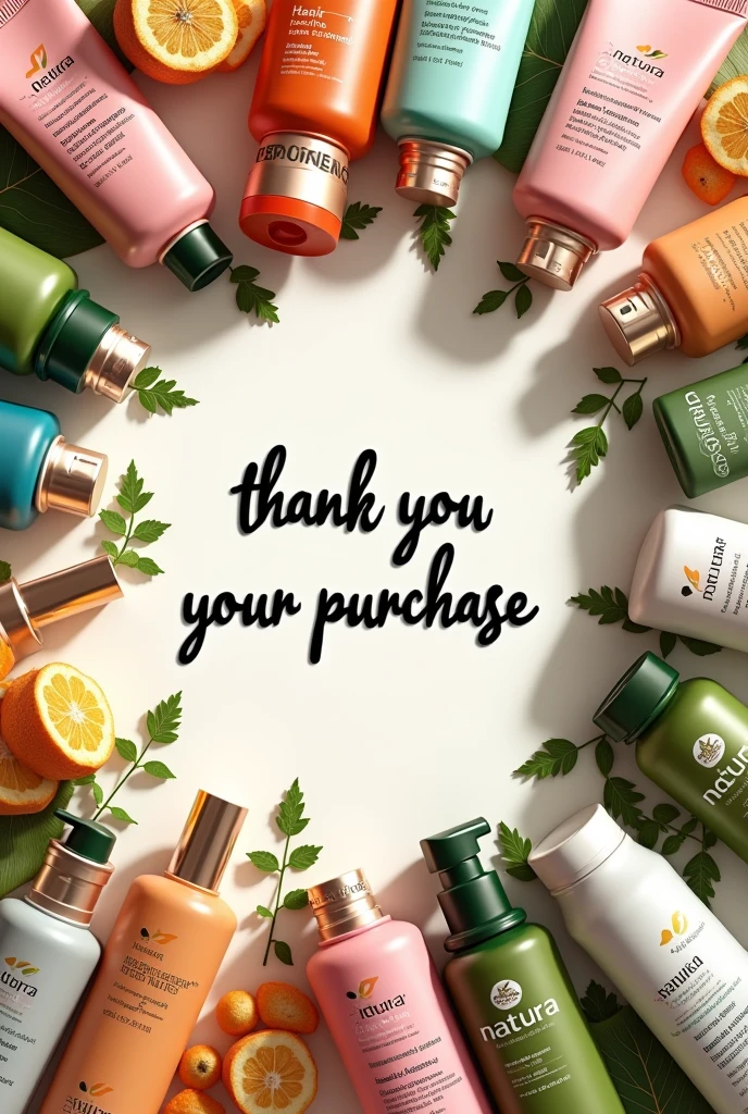 A thank you image at the end of an online purchase, that contains in the center of the image the text in Castilian Spanish"Thank you for your purchase", surrounded with Natura brand products, as hair care, skin care, beauty products and perfumes. Elegant and fun