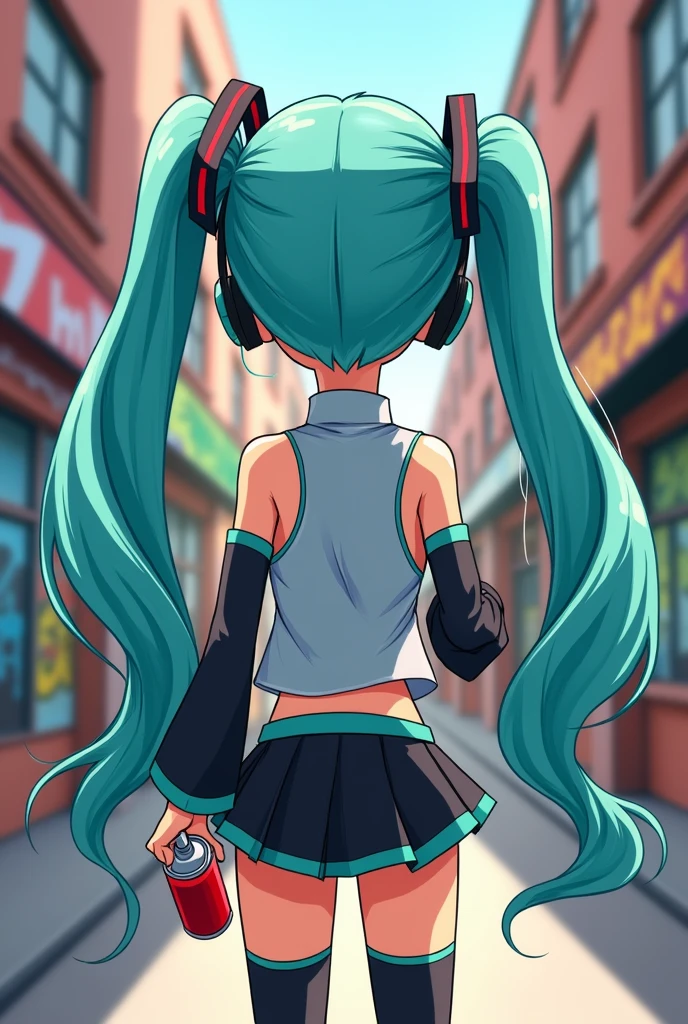 hatsune miku cartoon style from behind holding a spray can
