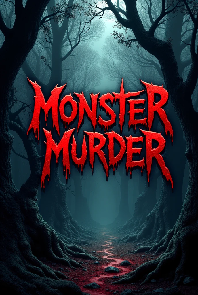 Logo for heavy metal band called Monster murder with a red font and appearing to be written in blood , in the middle of a very dense and dark forest the name is highlighted in the center of the image