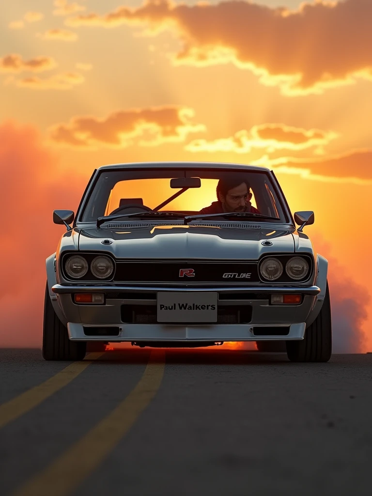with high definition images,Paul Walker in his iconic racing gear、Holding the wheel of a silver Skyline GT-R、High-definition images create fascinating, cinematic scenes.。The engine roared to life.、The exhaust emits a powerful, burning smoke.。With the sunset in the background、Gives the race track a warm orange glow。The scream of the Skyline's rev limiter echoes across the deserted landscape.、Paul's eyes are intently focused on the finish line。The vibrant colors of the morning glow blend seamlessly with the smooth curves of the GT-R.、Creates breathtaking, dynamic images。Paul Walker's perfect photo in the best possible picture