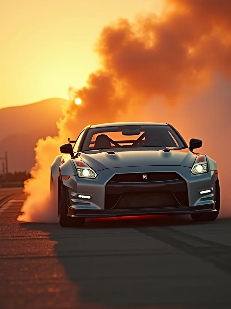 with high definition images,Paul Walker in his iconic racing gear、Holding the wheel of a silver Skyline GT-R、High-definition images create fascinating, cinematic scenes.。The engine roared to life.、The exhaust emits a powerful, burning smoke.。With the sunset in the background、Gives the race track a warm orange glow。The scream of the Skyline's rev limiter echoes across the deserted landscape.、Paul's eyes are intently focused on the finish line。The vibrant colors of the morning glow blend seamlessly with the smooth curves of the GT-R.、Creates breathtaking, dynamic images。Paul Walker's perfect photo in the best possible picture