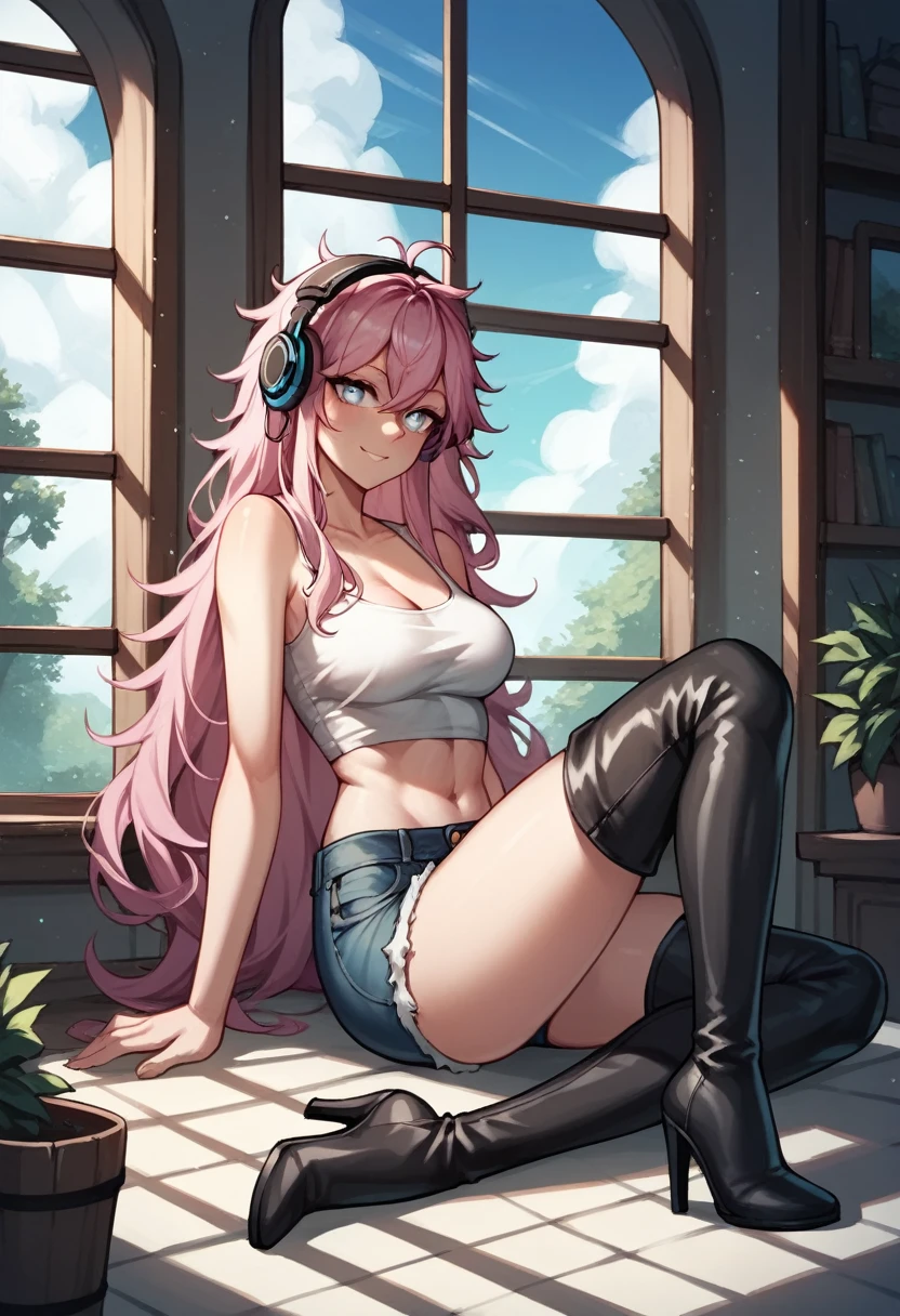 score_9, score_8_up, score_7_up, score_6_up, score_5_up, score_4_up, source_anime, 1woman, sexy face, sit, pink hair, long hair, white eyes, croosed legs, messy hair, white crop top, jeans shorts, black thigh high boots, heels, day, windows, beautiful view from the window, There are forests and fields outside the window, headphones, dungeon, best quality, best res, 4K UHD,