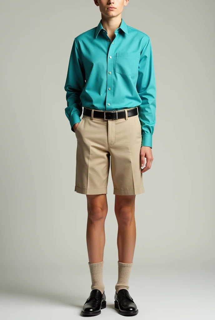 A uniform with a pressed turquoise Columbia-style shirt and short beige pants and black shoes and beige socks