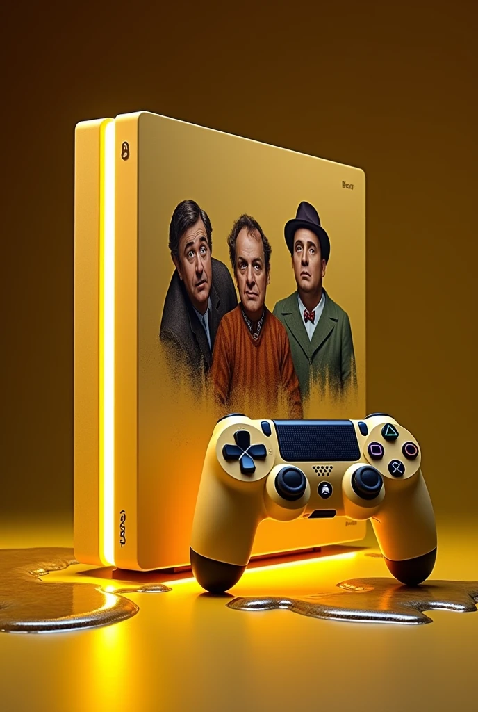 PS4 slim version of The Three Stooges with a leaking water pipe drawn on the beige controller, a solar yellow light on the edges and on the neon button and a puddle of water on the surface