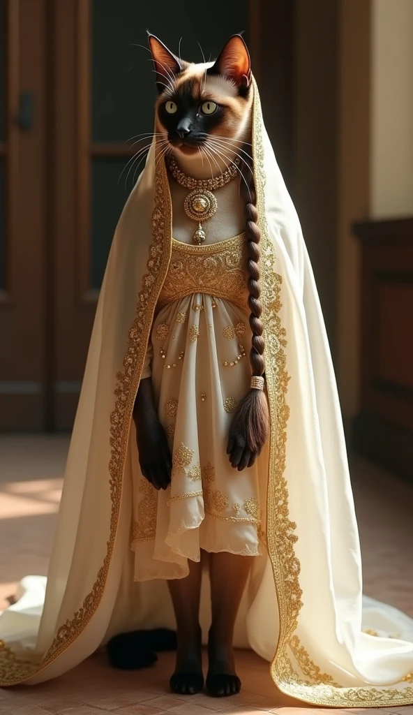"A sleek Siamese cat walks upright on two legs, showcasing a traditional Ethiopian bridal dress with rich gold embroidery and matching jewelry. Her long hair is styled in braids, and a white netela (shawl) is gracefully placed over her head. The audience is in awe, capturing the beauty of this bridal attire."