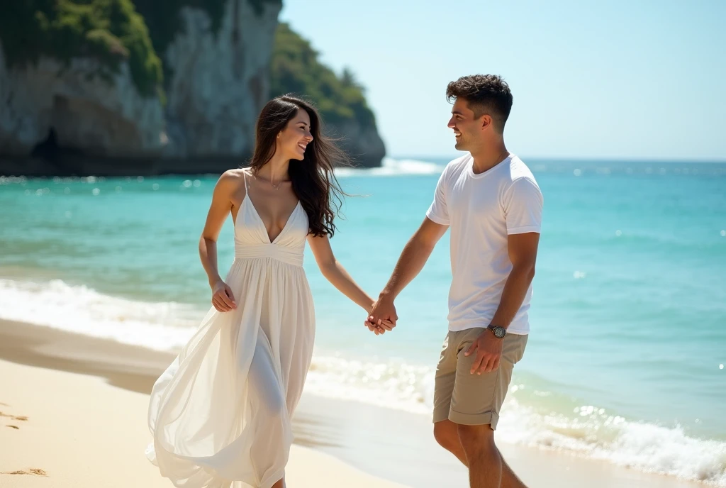 High Resolution, Masterpiece, Accurate, Best Quality, Detail, High Quality, realistic photo. A young 20 years old women, long dark hair, white skin, wearing a white long dress, height: 155 cm, weight: 45 kg. A 2 man, short hair, white skin, wearing a white t-shirt, height: 160 cm, weight: 55 kg. They are walking hand in hand on a sandy Bali beach. The man is wearing a white shirt and khaki shorts, while the woman has long dark hair. They are both smiling and appear to be enjoying each other's company. In the background, there is a beautiful view of the ocean and a rocky cliff. The sky is blue and the overall mood of the image is peaceful and romantic.