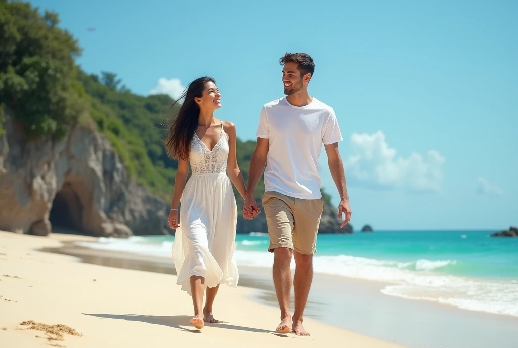 High Resolution, Masterpiece, Accurate, Best Quality, Detail, High Quality, realistic photo. A young 20 years old women, long dark hair, white skin, wearing a white long dress, height: 155 cm, weight: 45 kg. A 2 man, short hair, white skin, wearing a white t-shirt, height: 160 cm, weight: 55 kg. They are walking hand in hand on a sandy Bali beach. The man is wearing a white shirt and khaki shorts, while the woman has long dark hair. They are both smiling and appear to be enjoying each other's company. In the background, there is a beautiful view of the ocean and a rocky cliff. The sky is blue and the overall mood of the image is peaceful and romantic.