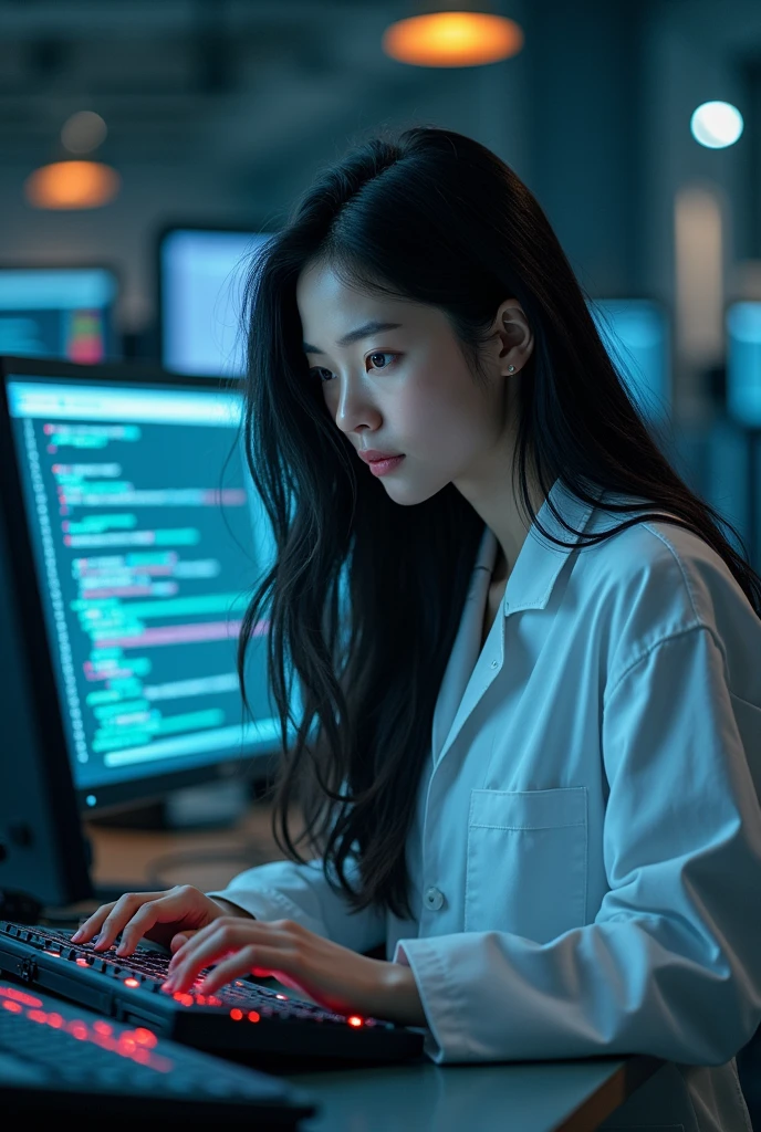 A 30-year-old girl with long black hair creating the first artificial intelligence on a computer