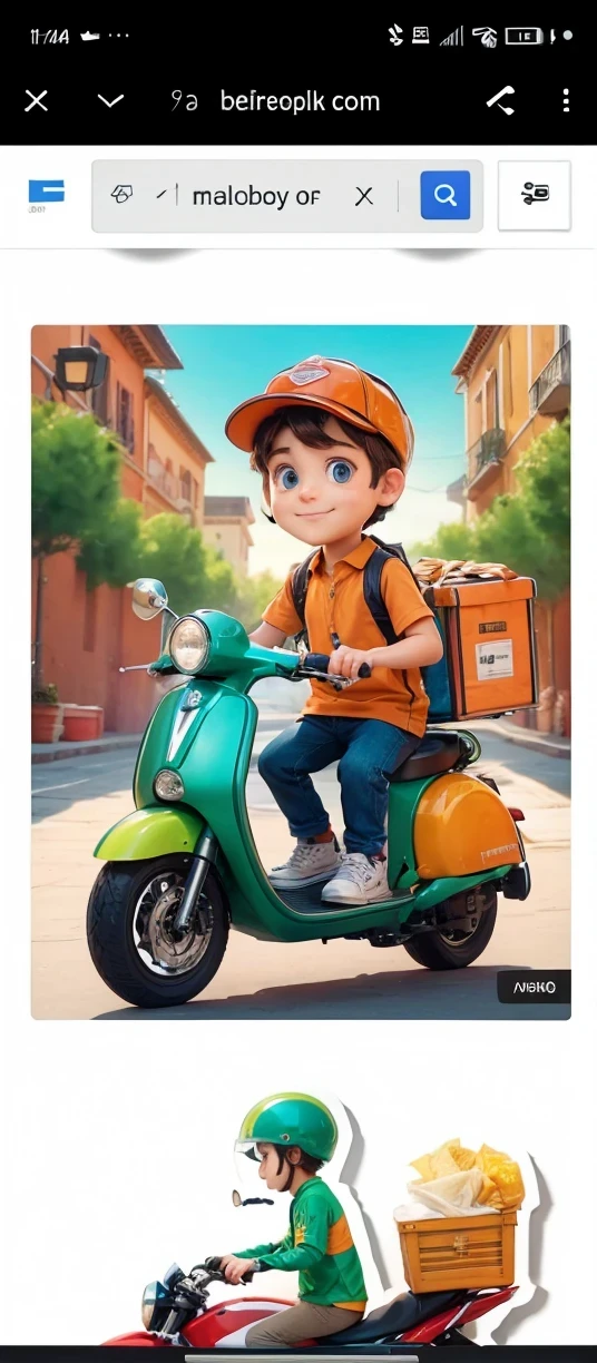 Adult unbearded motorcycle courier with animated cap and blue shirt