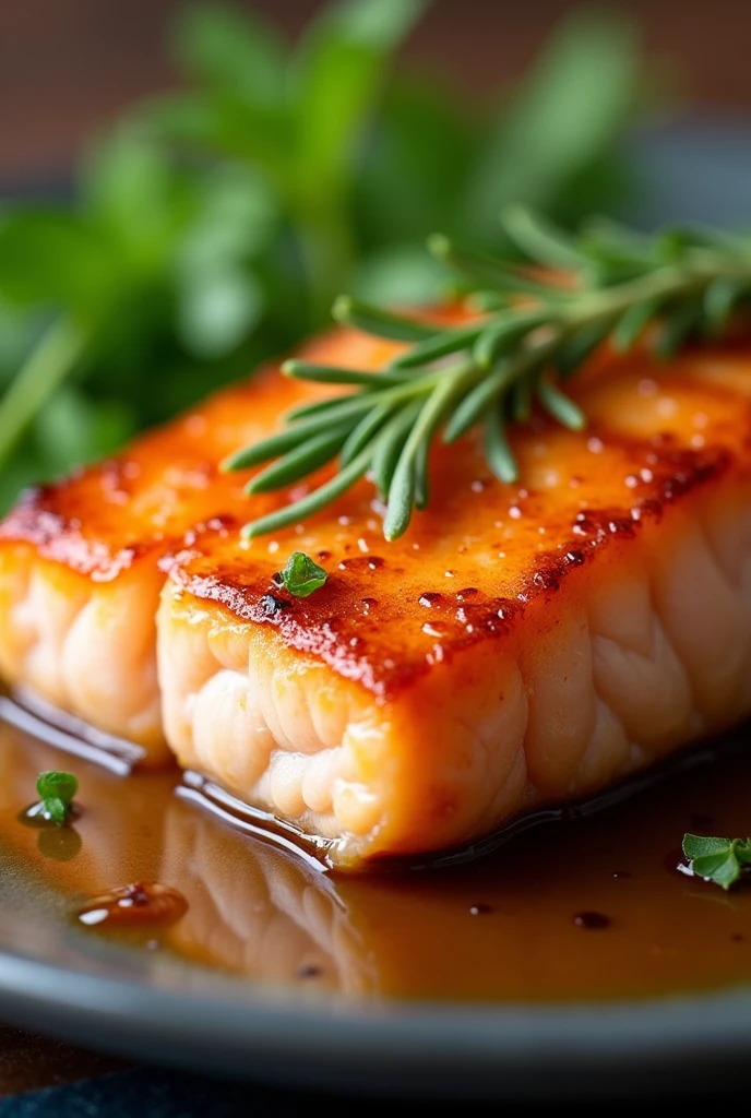 A tantalizing close-up of a perfectly seared salmon fillet, glistening with a honey glaze, captured with a Canon EOS R5 and a 50mm f/1.2 lens at ISO 200, shutter speed 1/125s; the warm golden hues of the fish contrast beautifully against a vibrant green herb garnish, while soft, diffused natural light highlights the delicate textures of the flaky flesh, creating an inviting atmosphere that beckons food lovers of all ages to indulge in this culinary delight