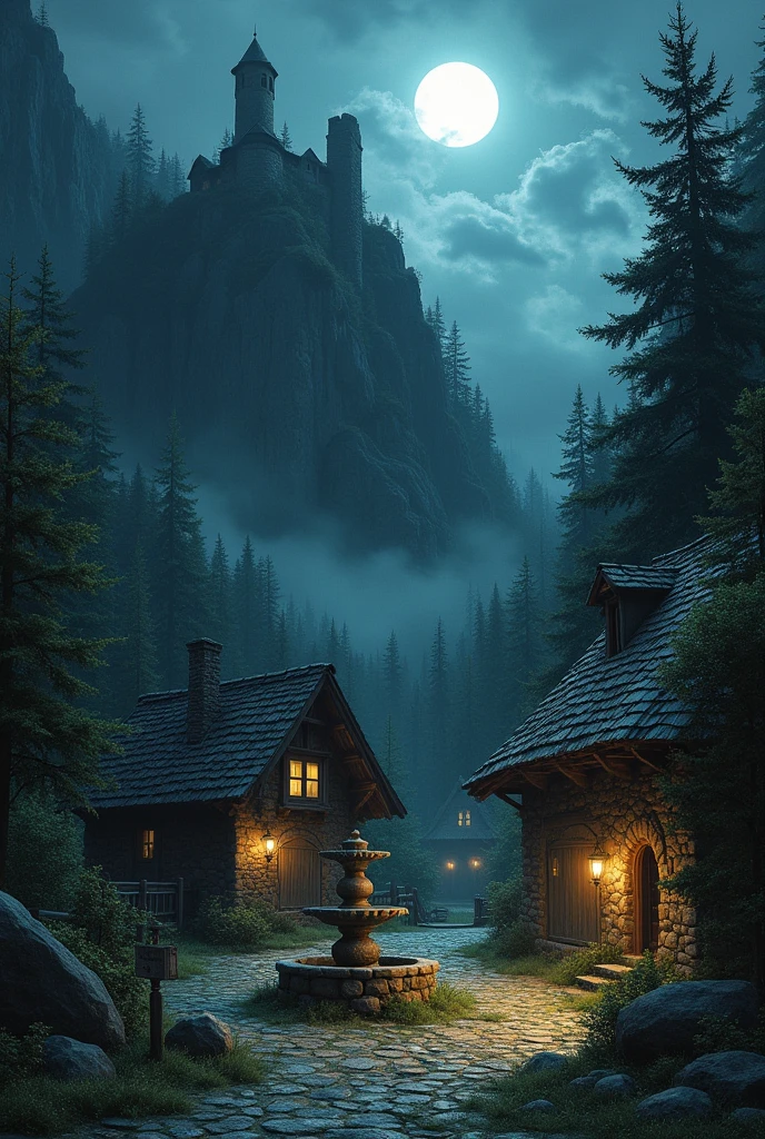 Depict the mysterious village of Valforte, set in a mountainous region surrounded by dense dark forests and rocky cliffs. The village has small wooden and stone houses with thatched or slate roofs, slightly worn down by time and the elements. In the center of the village is an ancient stone fountain, partially overgrown with moss. In the background, atop a cliff, stands a partially ruined fortress, its towers crumbling from age. The scene is at night, with a bright moon shining over the village, casting long shadows. The forest nearby is ominous and dense, with towering trees and overgrown shrines covered in moss. The overall atmosphere should feel isolated and slightly eerie, with an air of mystery. The art style should resemble traditional fantasy illustration, with detailed textures and a slightly muted color palette, evoking a sense of ancient history and a forgotten world