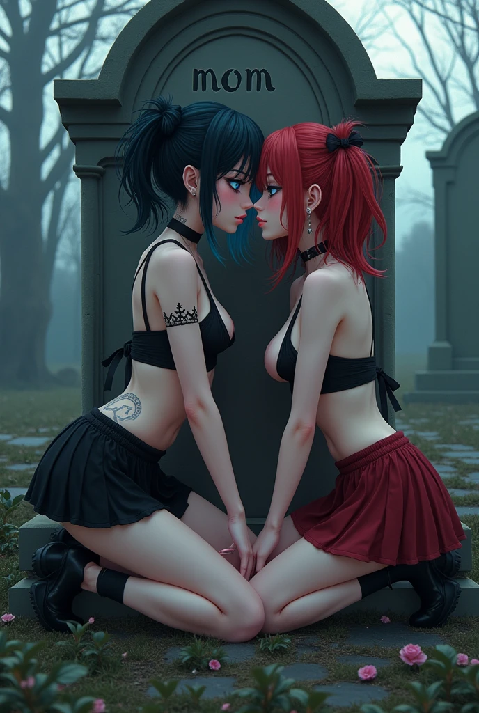 turned around,(masterpiece,Highest Quality),(child:1.3),cian,Goth Punk,Burberry Plaid Skirt,(A dark-haired,short twintails),embarrassed from,Delicate body,petite bodytwo girls wearing sexy schoolgirl clothes showing that none of them are wearing pantyhose and showing their tits revealing perfect tits, a girl with strong red hair is receiving oral sex from a blonde girl with light blue eyes and black eyeliner who is kneeling, with her head at the level of the other girl's crotch, the blue-haired girl has her tongue stuck inside the other girl's vagina drinking her urine like that, they are both doing that behind a tombstone, the tombstone says "MOM" in a cemetery, pale skin, pink nipples, pink clitoris, two sexy girls having oral sex in a cemetery, punk girls, goth girls, tattoos and piercings