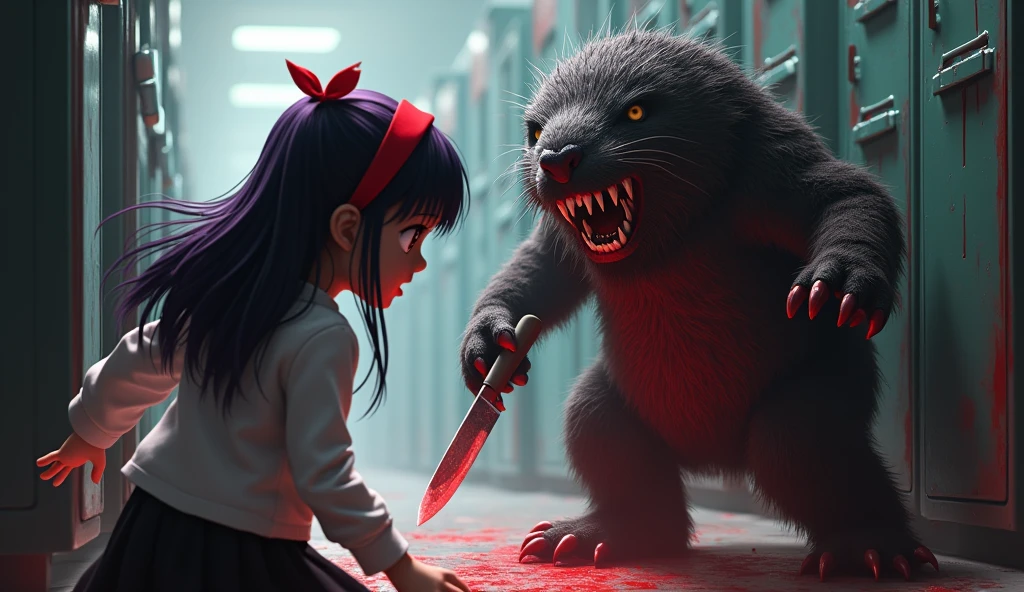 May ((a school girl with long dark purple hair that reaches her mid-back. She always wears a red headband. She has brown eyes. She wears a long-sleeved shirt and a black skirt.)) walked out of her locker, but then she accidentally stepped on a plastic bottle, making a loud noise. The Mole mascot ((A terrifying mole mascot costume, covered in blood and carrying a knife.)) turned and moved towards her faster.