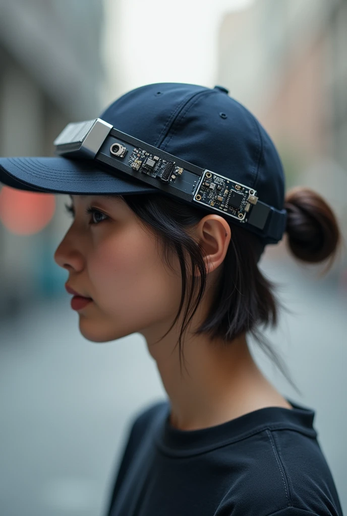 Give me an image how grove vision ai module v2 is mounted on cap for the visually impaored