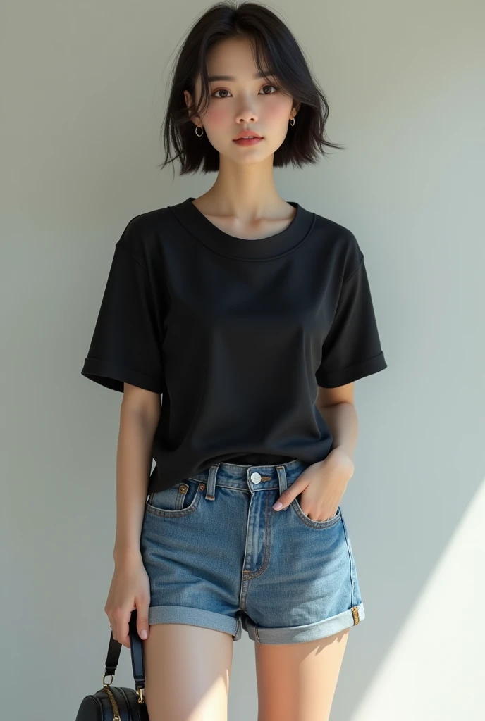 thick ,Asian, blue jean short, short hair, pretty face, feet, black shirt,