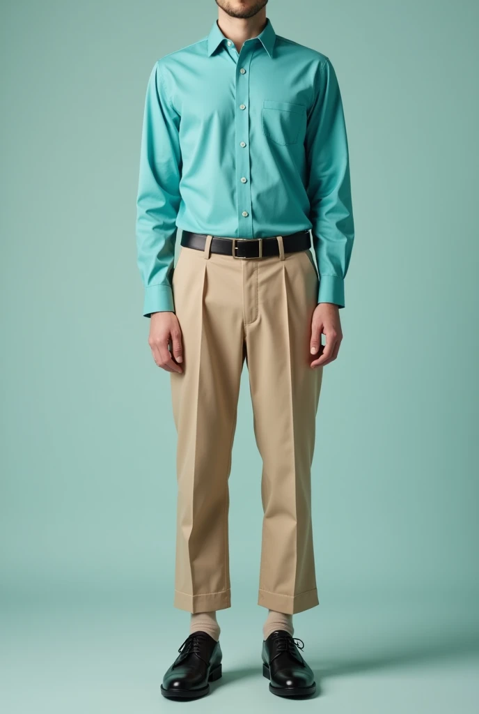 A uniform with a pressed turquoise Columbia-style shirt and beige pants and black shoes and beige socks 