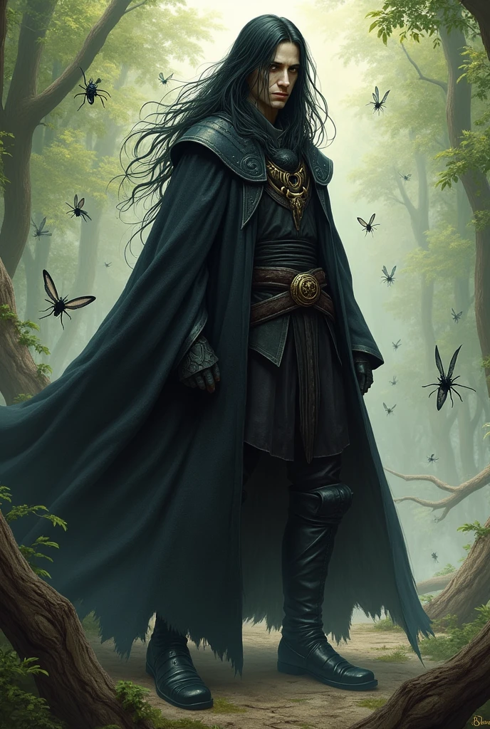 Crie um Guardião do Enxame do d&d. The character is a human male with a slender body, with a psychotic and frightening expression. He is surrounded by little insects, reflecting your connection to nature. Your skin is normal white, and he has long black hair, that cover part of your face, giving it a mysterious air. He wears black clothes, complemented by a long overcoat, all in a fantasy medieval style, with bright colors that contrast with its dark presence.