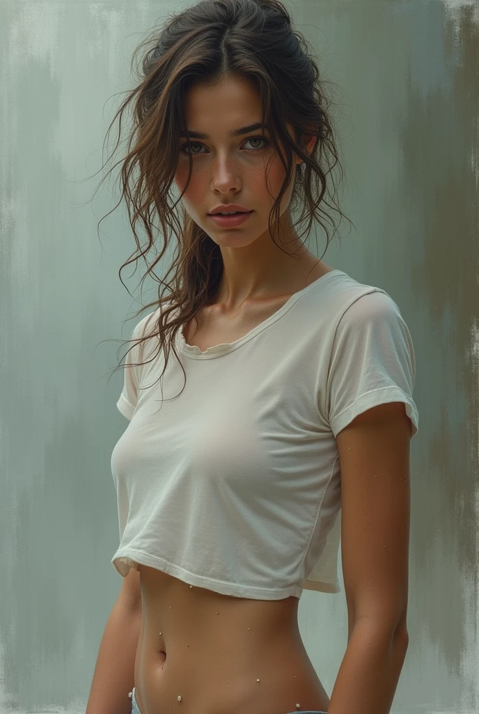 Please create a painting of a woman wearing a wet t-shirt