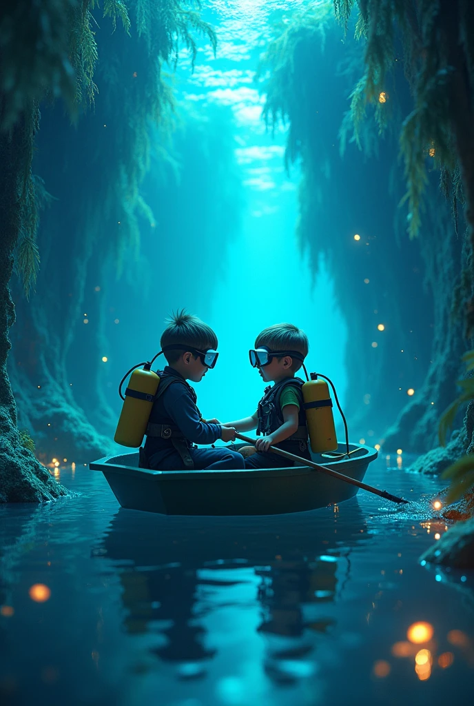 Two brothers (Boys children), inside a rowing boat, sailing through a sea formed by lights inside the apartment where they live. Children have diving equipment, SOM: diving masks, flippers, oxygen cylinders and air rifles.