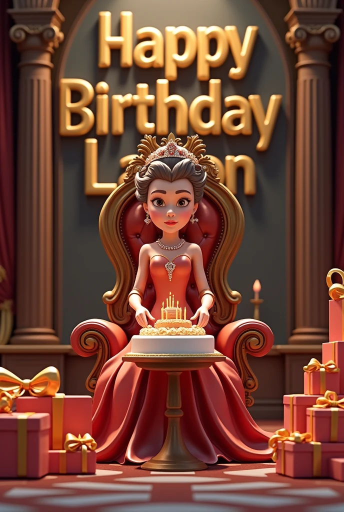 3D illustration of a cute girl
standing casually on front of a cake. The character must wear Queen clothing such as with great gold ornamentary ,diamonds, high quality old fashioned queen dress. The background of the image is a entrance of large kings Fort with good architecture . Write 'sruthi' on the birthday cake. Make sure the text is not misspelled. Her age is 22, the age should be visible on one side of the image in old fashioned model