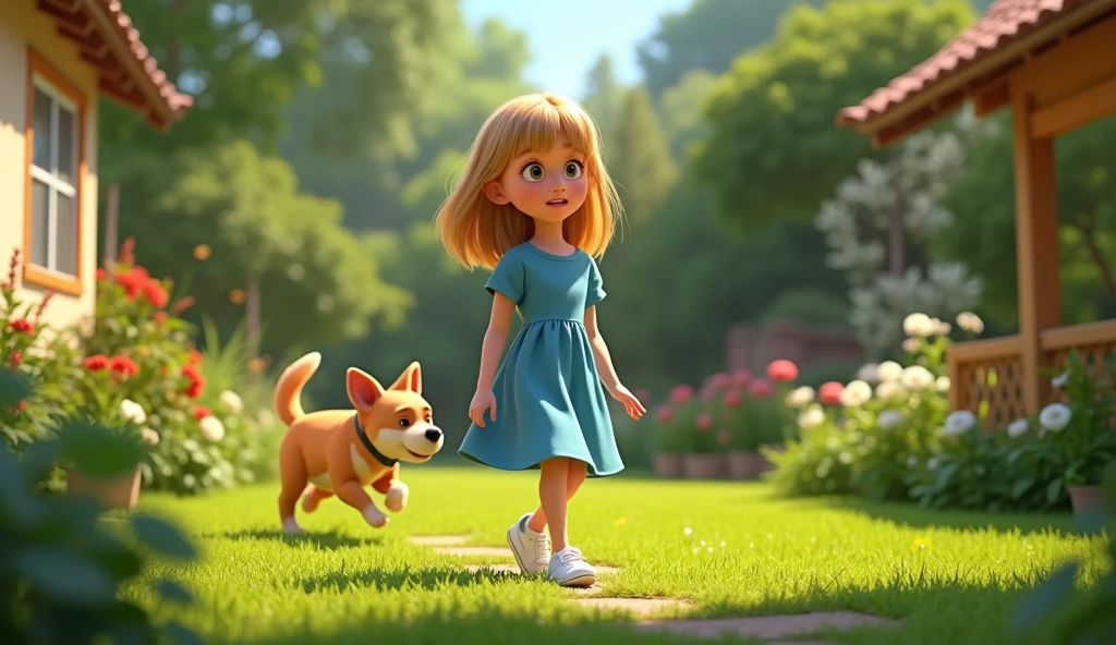 Create an image of  Cecilia Lodi with straight blonde hair, skin fair, and light brown eyes. She is wearing a beautiful blue dress with no details and white sneakers., She is playing in the garden of her house, looking scared as her dog runs away. . The scene must be in Pixar&#39;s distinctive digital art style.