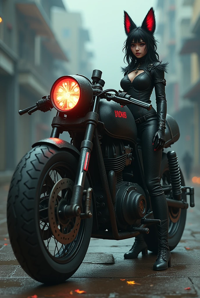 Create a young kitsune woman with black and red fur next to her large, scary-looking, cursed motorcycle. Leave the woman with humanoid features, including face, body and hands. With closed biker clothes. Include a three-tailed tail.