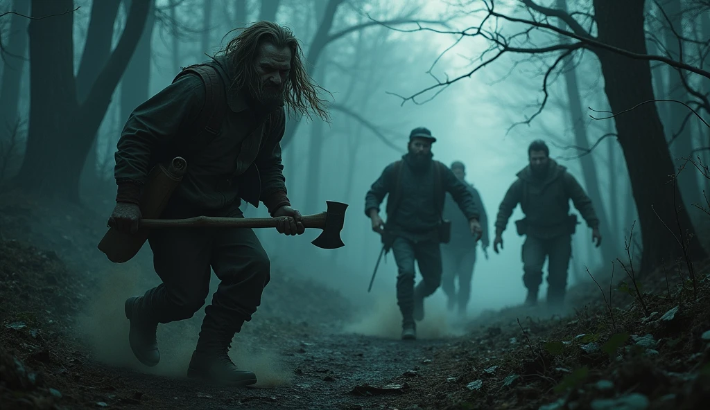 make a haunted forest, extremly scary,dark and somber tones, there is a group of explorers being chased by a lumberjack with an axe in his hand, He has long hair, he is trying to kill them extremely detailed, photoshot_\( ultra\), photoshotrealisitic, realisitic, Post-processing, Maximum details, roughness, real-life, ultrarealisitic, photoshotrealism, photoshotgraphy, 8k hd, photoshotgraphy