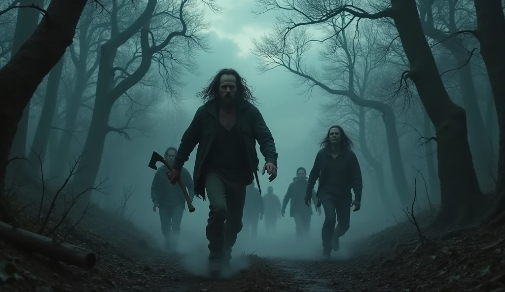 make a haunted forest, extremly scary,dark and somber tones, there is a group of explorers being chased by a lumberjack with an axe in his hand, He has long hair, he is trying to kill them extremely detailed, photoshot_\( ultra\), photoshotrealisitic, realisitic, Post-processing, Maximum details, roughness, real-life, ultrarealisitic, photoshotrealism, photoshotgraphy, 8k hd, photoshotgraphy