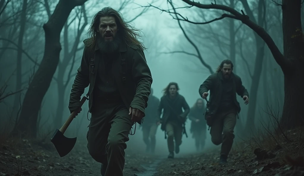 make a haunted forest, extremly scary,dark and somber tones, there is a group of explorers being chased by a lumberjack with an axe in his hand, He has long hair, he is trying to kill them extremely detailed, photoshot_\( ultra\), photoshotrealisitic, realisitic, Post-processing, Maximum details, roughness, real-life, ultrarealisitic, photoshotrealism, photoshotgraphy, 8k hd, photoshotgraphy