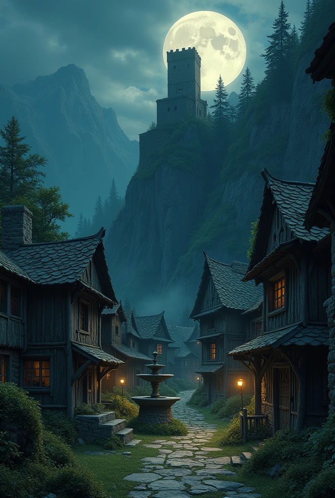 Depict the mysterious village of Valforte, set in a mountainous region surrounded by dense dark forests and rocky cliffs. The village has small wooden and stone houses with thatched or slate roofs, slightly worn down by time and the elements. In the center of the village is an ancient stone fountain, partially overgrown with moss. In the background, atop a cliff, stands a partially ruined fortress, its towers crumbling from age. The scene is at night, with a bright moon shining over the village, casting long shadows. The forest nearby is ominous and dense, with towering trees and overgrown shrines covered in moss. The overall atmosphere should feel isolated and slightly eerie, with an air of mystery. The art style should resemble traditional fantasy illustration, with detailed textures and a slightly muted color palette, evoking a sense of ancient history and a forgotten world