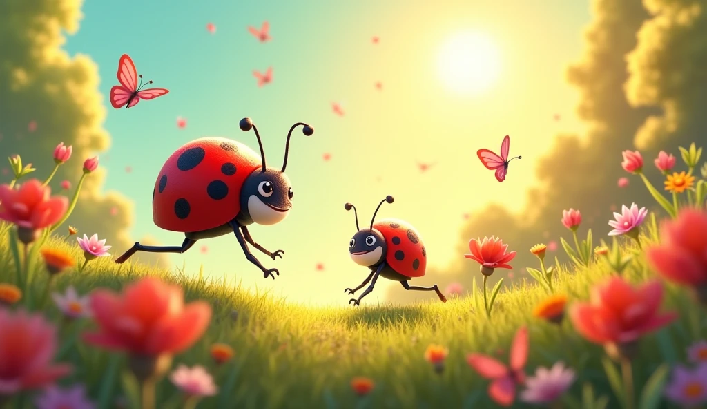 Ladybug Playing all day 'til the setting sun.Jump and run, let's have some fun,  .image should be in cartoon theme.